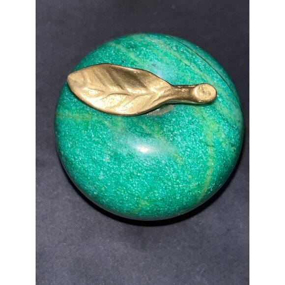Vintage Emerald Green Marble Apple with Brass Leaf Paperweight 3” - Picture 2 of 5
